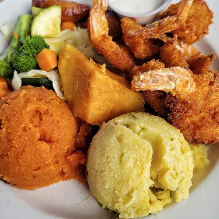 Coconut Shrimp, Fungi and Potato Stuffing at the Pump Room St Thomas US Virgin Islands
