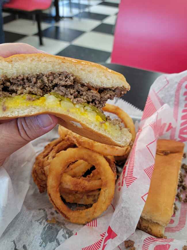 Nuway crumbly burger and onion rings